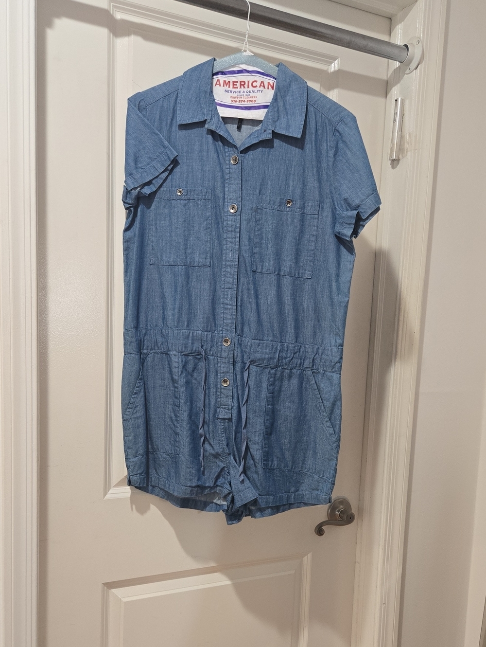 Blue Chambray Short-Sleeve Romper Dress